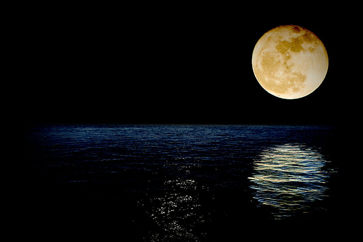 luna, super, superluna, morje, odsev, vode, noč