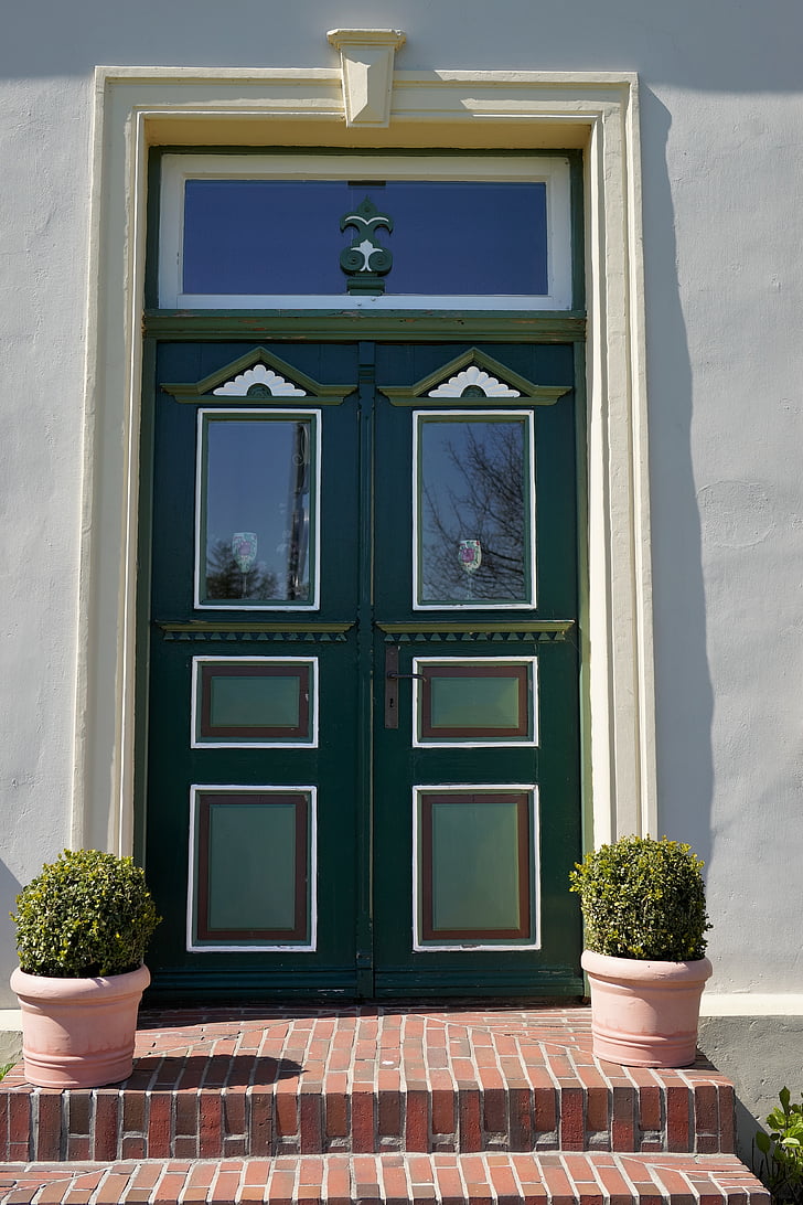 porta d'entrada, verd, porta, carcassa, l'entrada, idíl·lic, escala de pedra