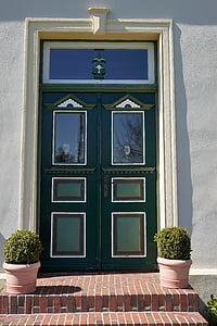 porta de entrada, verde, porta, treliça, entrada, idílico, escada de pedra