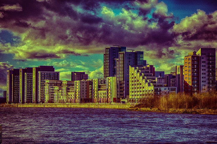glasgow, clyde, river, buildings, bank, hdr, houses