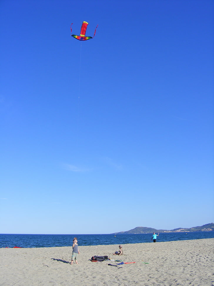 Kite, criança, jogar, brinquedo, vento, praia, diversão