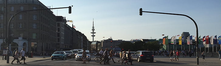 Hamburg, Jungfernstieg, Panorama, Road, -street ped ületamisel