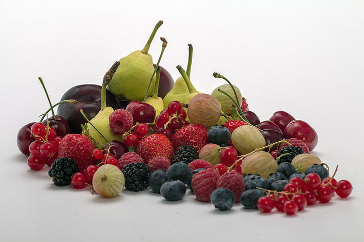 naturaleza muerta, bayas, cerezas, frutas, peras, arándanos, frambuesas