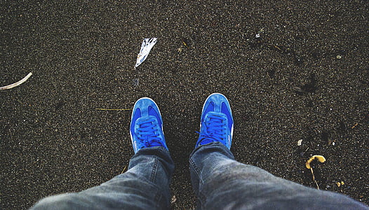 blue, deep sea, popular, low section, shoe, one person, human leg