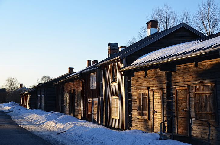 Skellefteå, bonnstan, log homes, téli, hó, hideg hőmérséklet, épület külső