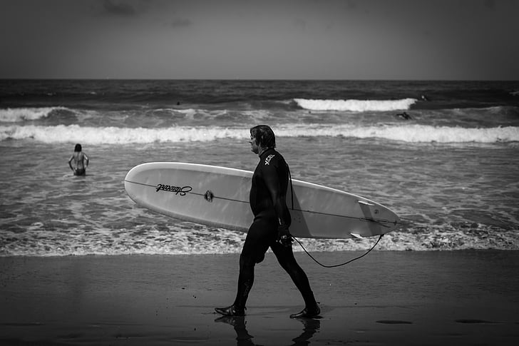 surfer, surf, surfboard, waves, black and white, monochrome, surfing
