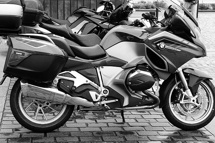 black-and-white, BMW, motorbikes, motorcycles, pavement