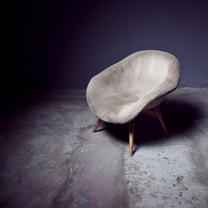 brown, wooden, based, gray, velvet, padded, chair