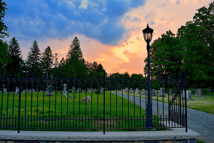 sunset, clouds, orange, colorful, ominous, cemetery, gate
