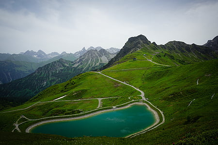mountain, lake, snow, hiking, kleinwalsertal, austria, clouds