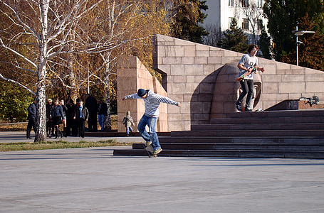 skejtboard, monument, area, boys, ride, autumn, sun
