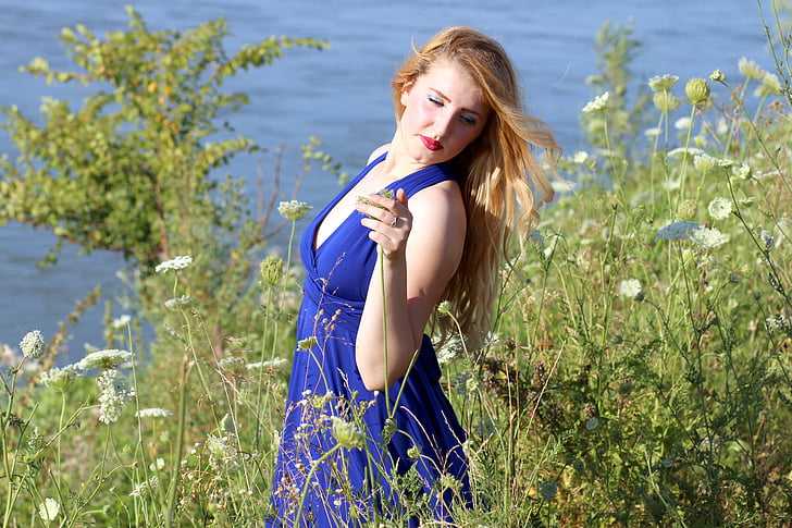 소녀, 드레스, 블루, 호수, 물, 아름다움, 여자