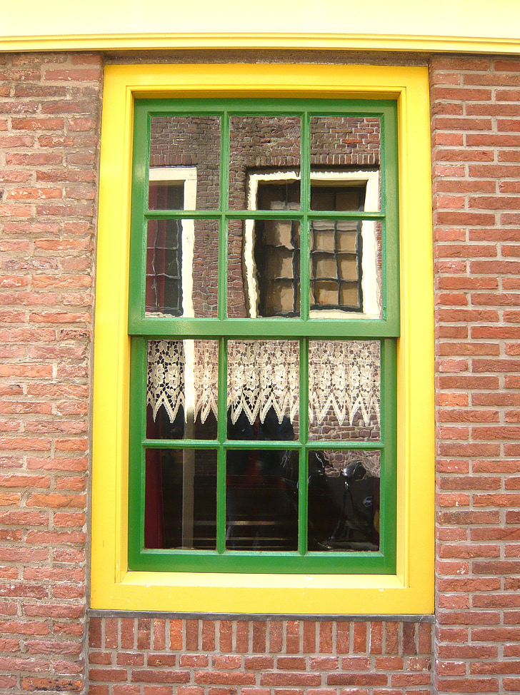 okno, Amsterdam, żółty, zielony, odbicie w oknie