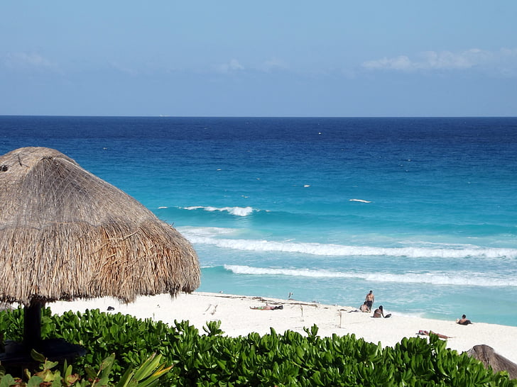 Канкун, пляж, море, краєвид, горизонт, свято, синій