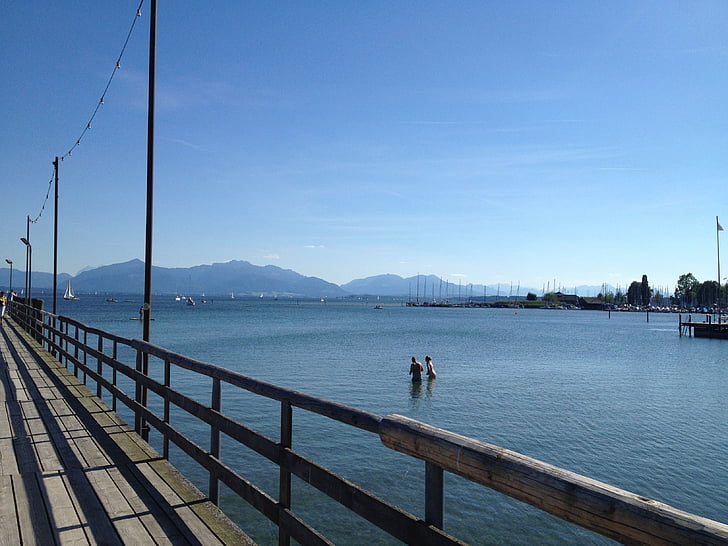 Lac, montagnes, paysage, Chiemsee, Seebruck, nager, gens