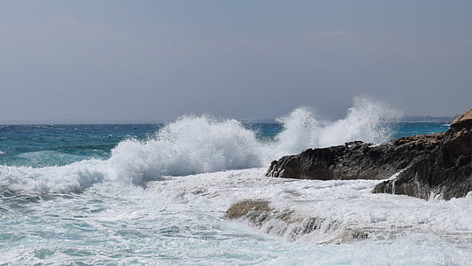 costa rochosa, onda, mar, natureza, cenário, respingo, espuma
