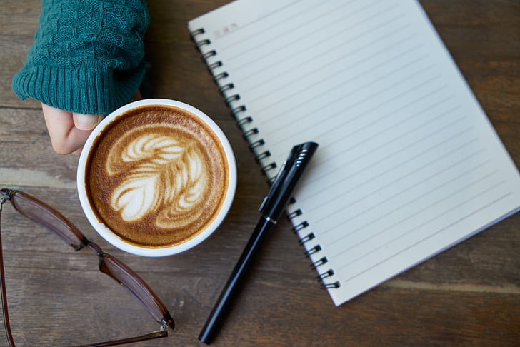 coffee, caffeine, notebook, food, beverage, photo, cup