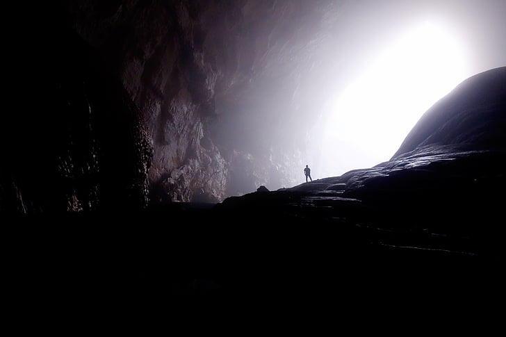 silhouette, man, cave, nature, underground, shadows, light