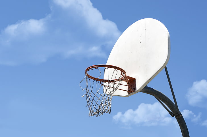 ball, basketball, blue, clouds, hoop, net, rim