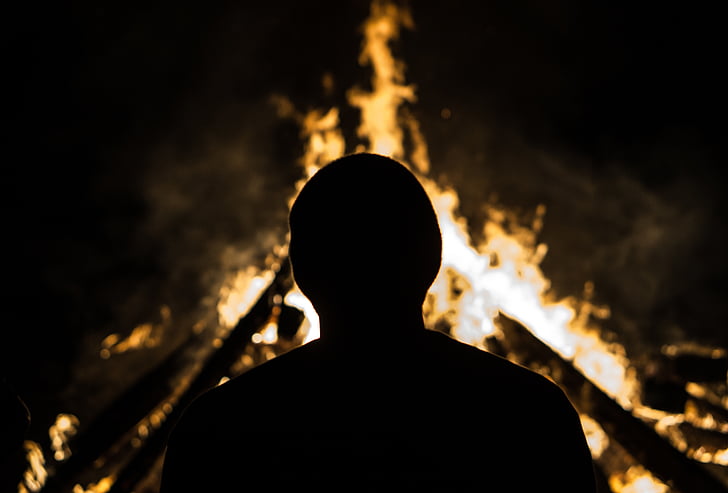 man, standing, near, fire, dark, night, bonfire