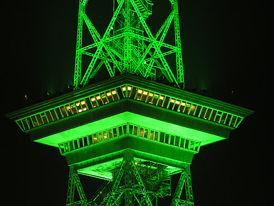 řídící věž, Berlín, noční, zelená, osvětlené, osvětlení, Neon zelená