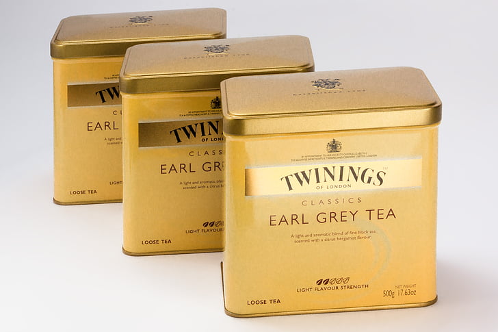 Earl gray, t-shirt, lattine di tè, tè nero, Twinings di Londra, marchio, con sigillo