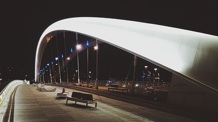architecture, benches, bridge, design, engineering, lights, lines and curves