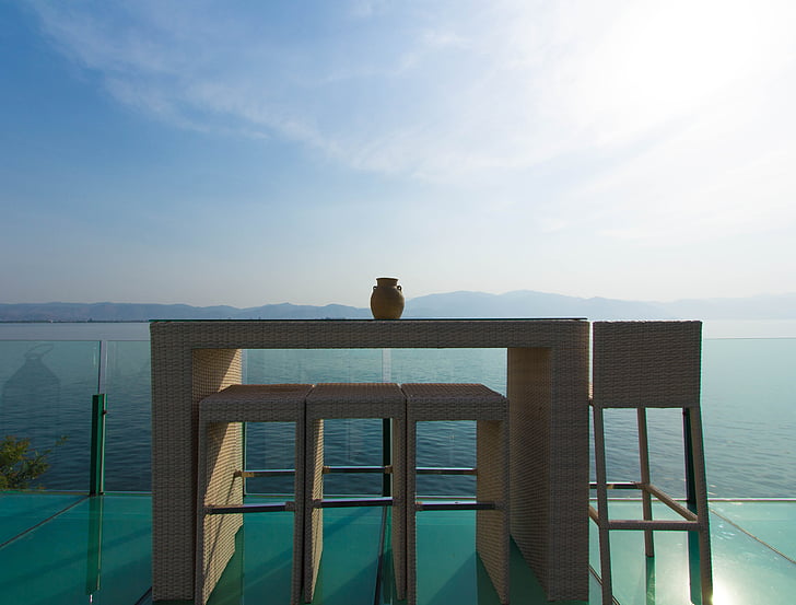 kursi putih, Dali, Danau Erhai, kafe, balkon, pemandangan, pagi