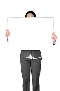 woman, holding, white, board, business, Information Board, Message