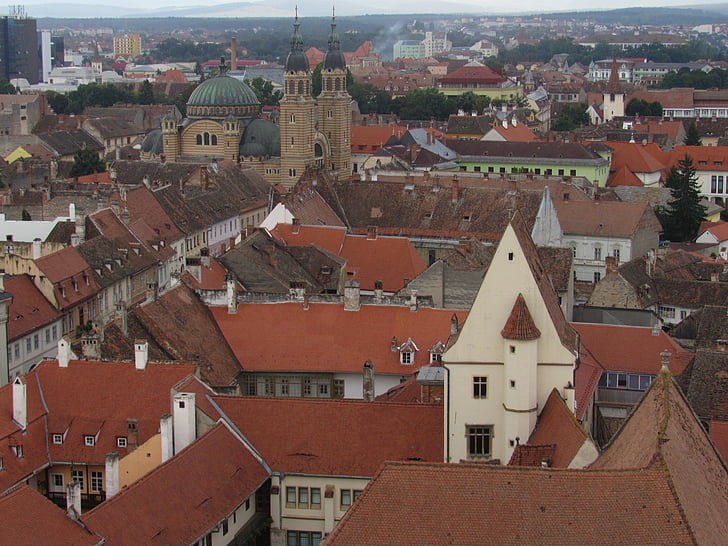 Sibiu, Transilvânia, Romênia, edifícios, Centro, Panorama, rua