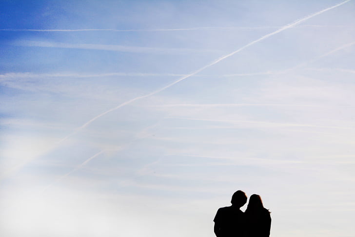 langit, Pasangan, beberapa, biru, manusia, siluet, jejak kondensasi