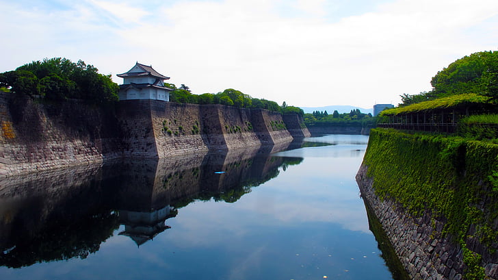 moat, osaka castle, japan, osaka, landmark, asian style, construction