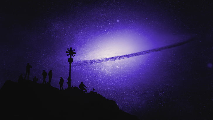 siluetti, puu, Galaxy, maalaus, violetti, yö, tähteä