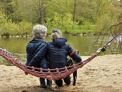 women, hammock, pond, age, pensioners, grow old, together