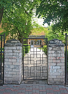 Brána, cihly, vchod, kov, venkovní, vstup