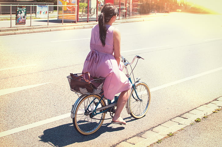 people, woman, dress, summer, bicycle, bike, road