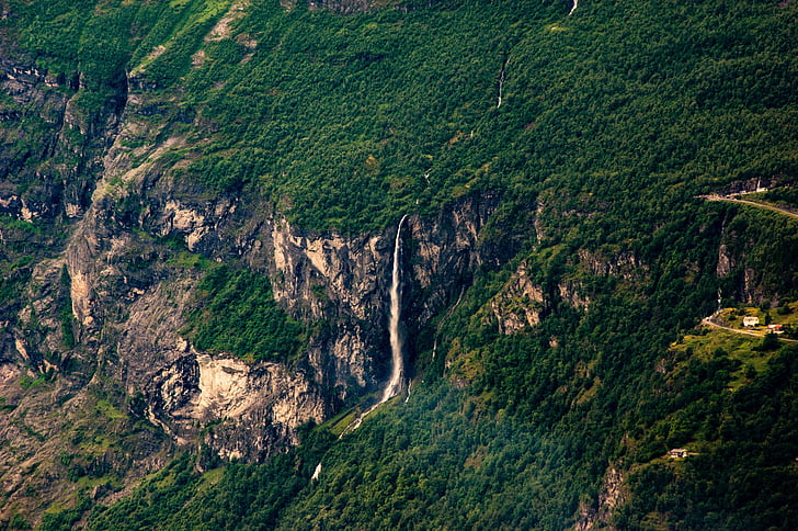 waterfall, aerial view, cliff, mountains, high, water, stream