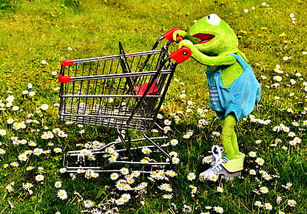 Kermit, žaba, nakupovanje, nakupovalni voziček, zabavno, mehke igrače, polnjene živali