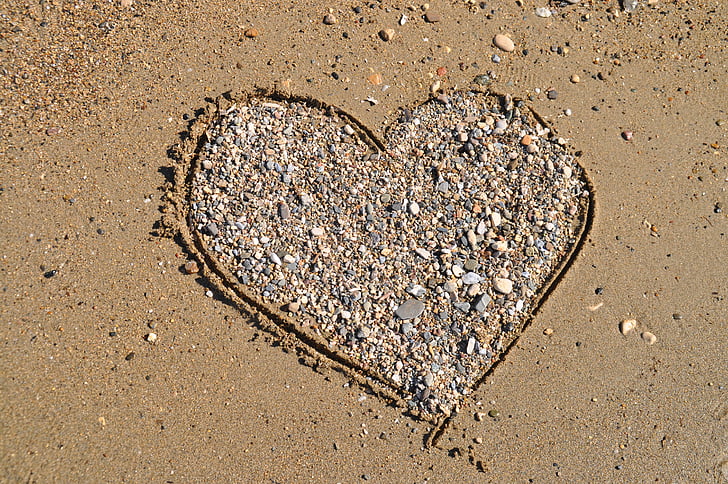heart, sand, stone heart, holiday, love, beach, greeting card