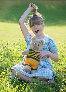 person, human, girl, teddy, meadow, out, nature