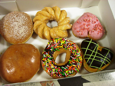 donuts, variedade, rosquinhas, chocolate, doce, caixa, crosta de gelo