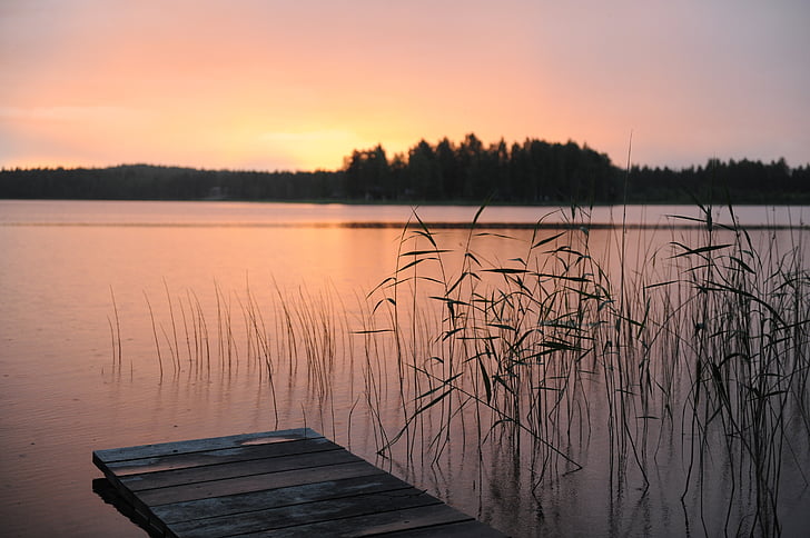 夏天的夜晚, norrland, 粉色, 自然, 水, 日落, 瑞典