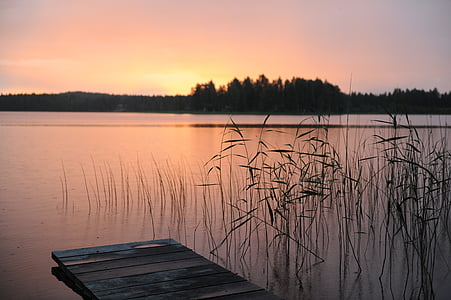 letnia noc, Norrland, różowy, Natura, wody, zachód słońca, Szwecja