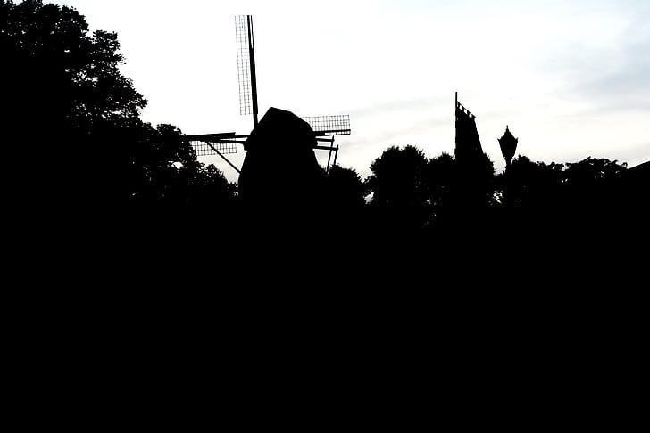 molino de viento, Zons, Niederrhein, silueta, ciudad, vista de la ciudad