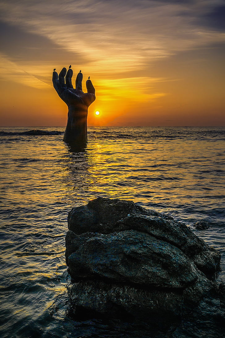 salida del sol, homigot, Pohang, mano, mar, estatua de, manos de la convivencia