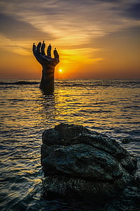 lever du soleil, homigot, Pohang, main, mer, statue de, mains de vivre ensemble