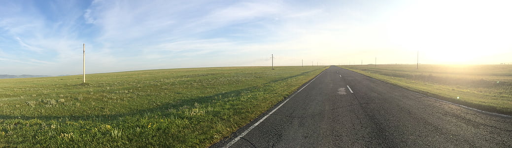 steppe, khakassia, road, morning, dawn, sun, panorama