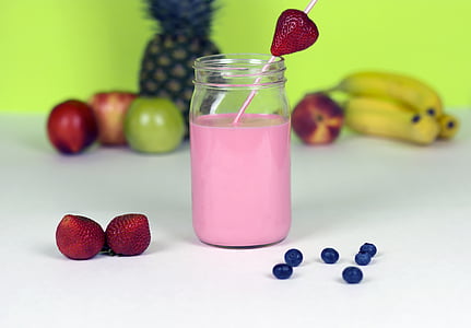 jar, drink, smoothie, pink, strawberry, blueberry, banana