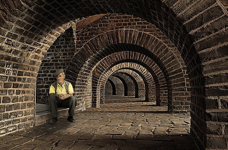 tunnel, man, old, mysterious, person, alone, male