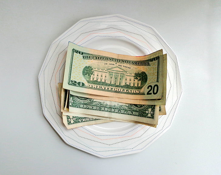 χρήματα, δολάρια, Συμβουλή, μετρητά, Πλάκα, χρήματα σε ένα πιάτο, νομοσχέδια